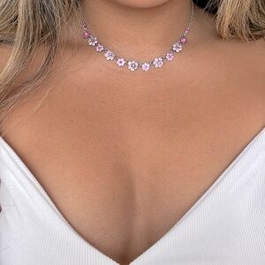 Vintage Floral Choker Necklace| Tiny Pink Flowers Rhinestones